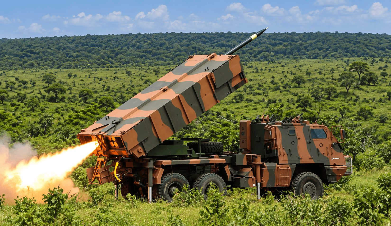 Wheeled self-propelled multiple launch rocket system firing from a field position